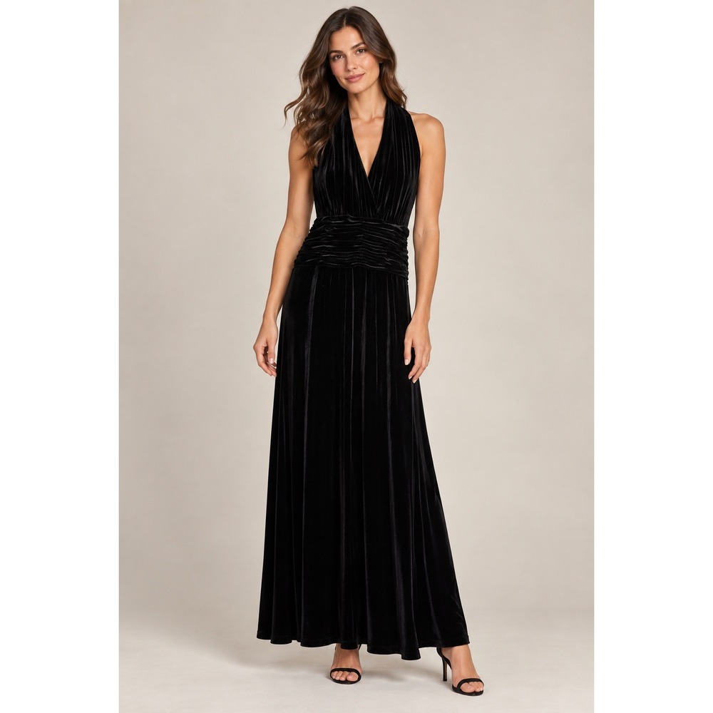 Evan-Picone Velvet Halter Dress Women 2P Black Ruched Evening Cocktail